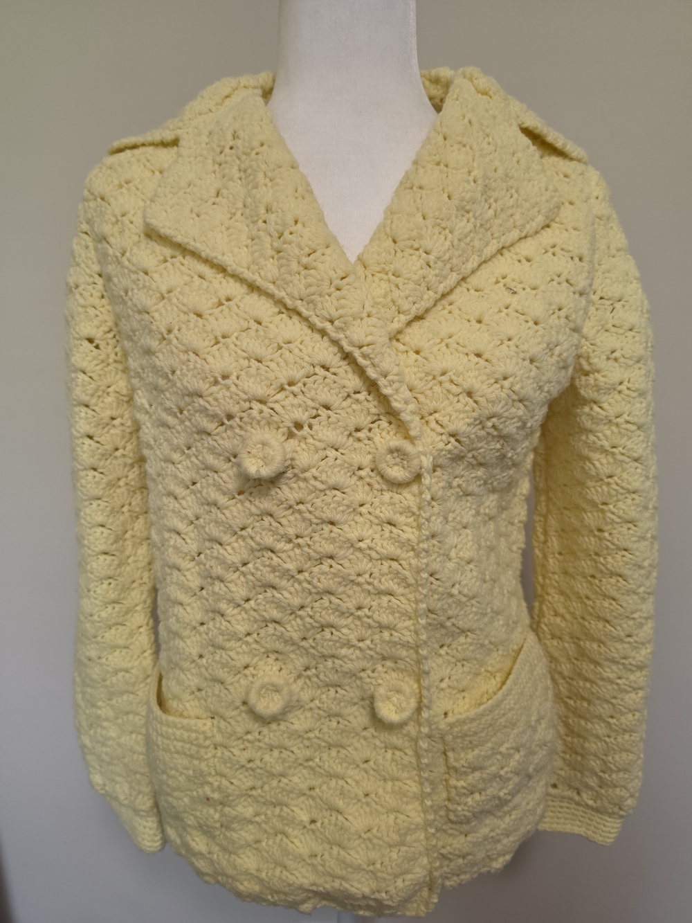 Vintage Hand Crocheted Double Breasted Jacket Pastel Yellow Cottagecore Cardiga